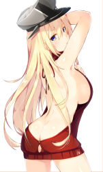 Rule 34 | 10s, 1boy, 1girl, ass, backless dress, backless outfit, bare back, bismarck (kancolle), blonde hair, blue eyes, breasts, butt crack, cowboy shot, dress, hat, kantai collection, large breasts, long hair, looking at viewer, looking back, meme attire, meth (emethmeth), military hat, naked sweater, peaked cap, sideboob, simple background, solo, sweater, sweater dress, turtleneck, virgin killer sweater, white background