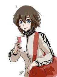 Rule 34 | 10s, 1girl, 2016, 4suke, :&gt;, ahoge, artist name, bag, blue eyes, blush, brown hair, closed mouth, cup, dated, drinking, drinking straw, duffel bag, hair between eyes, handbag, hayasui (kancolle), holding, jacket, kantai collection, long sleeves, looking at viewer, simple background, smile, solo, strap, track jacket, turtleneck, upper body, white background, white jacket, zipper