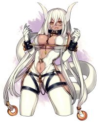Rule 34 | 1girl, :d, bad id, bad twitter id, bdsm, bodysuit, bondage, bound, breasts, center opening, cleavage, cowboy shot, crotch zipper, cuffs, dark-skinned female, dark skin, dragon girl, dragon horns, dragon tail, fang, female focus, horns, katagiri hachigou, keyhole, large breasts, lock, long hair, looking at viewer, low-tied long hair, navel, o-ring, open mouth, original, padlock, padlocked collar, shackles, simple background, skin tight, smile, solo, spreader bar, strap, tail, very long hair, white hair, yellow eyes, zipper