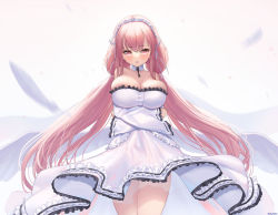 Rule 34 | 1girl, azur lane, bare shoulders, breasts, cleavage, detached collar, detached sleeves, dress, elsynien, feathers, frilled dress, frilled hairband, frills, hairband, large breasts, long hair, long sleeves, looking at viewer, medium dress, perseus (azur lane), pink eyes, simple background, solo, standing, twintails, very long hair, white background, white dress, white wings, wide sleeves, wings