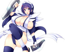 Rule 34 | 1girl, bandages, black gloves, black panties, black thighhighs, blue eyes, blue hair, blush, breasts, cameltoe, choker, cleavage, dual wielding, female focus, fingerless gloves, gloves, goban, groin, hair ornament, holding, holding weapon, huge breasts, iroha (samurai spirits), japanese clothes, leg up, long sleeves, looking at viewer, maid, maid headdress, obi, open mouth, panties, purple eyes, purple hair, samurai spirits, sandals, sash, short hair, sideboob, snk, solo, thighhighs, thighs, underwear, weapon, white background, wide sleeves