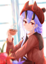 Rule 34 | 1girl, alternate costume, bad id, bad pixiv id, blush, brown coat, coat, commentary request, cup, fate/grand order, fate (series), flower, hat, highres, holding, holding cup, horns, horns through headwear, long hair, looking at viewer, oni horns, red eyes, red hat, silver hair, smile, solo, table, tomoe gozen (fate), tsugumochi, window