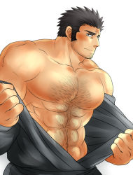 Rule 34 | 1boy, abs, alternate facial hair, bara, bare pectorals, bare shoulders, beard, blush, chest hair, cross scar, embarrassed, facial hair, grey kimono, hairy, houzouin oniwaka, japanese clothes, kimono, large pectorals, long sideburns, male focus, mature male, muscular, muscular male, navel, navel hair, no nipples, open clothes, open kimono, pectorals, scar, scar on face, scar on forehead, short hair, sideburns, solo, stomach, stubble, sunfight0201, thick eyebrows, tokyo houkago summoners, undressing, upper body, white background