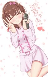 Rule 34 | 10s, 1girl, belt, belt buckle, blush, bow, brown hair, buckle, closed eyes, double v, finger ribbon, hairband, heart, heart-shaped buckle, highres, idolmaster, idolmaster cinderella girls, knee up, long sleeves, looking at viewer, microphone, petals, pink shirt, pink skirt, shirt, skirt, smile, solo, suzutarou gunsou, thighs, translation request, v, white background, white belt, white hairband