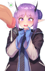 Rule 34 | 1girl, arknights, blue gloves, blush, censored, drooling, flaccid, flying sweatdrops, gloves, hair bun, hibiscus (arknights), highres, horns, jacket, large penis, long sleeves, mosaic censoring, mouth drool, necktie, open clothes, open jacket, open mouth, penis, penis awe, pepper0, pointy ears, precum, purple eyes, purple hair, simple background, single hair bun, solo focus, white background