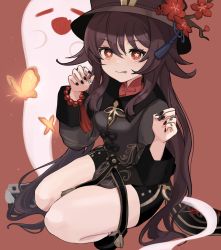 Rule 34 | 1girl, black hat, black shorts, brown hair, etoria, genshin impact, ghost, hat, highres, hu tao (genshin impact), long sleeves, looking at viewer, red background, red eyes, shorts, simple background, solo, symbol-shaped pupils, thighs, top hat