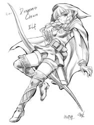 Rule 34 | 1girl, ;), arrow (projectile), bad id, bad tumblr id, belt, boots, bow (weapon), braid, breasts, cloak, dragon&#039;s crown, elf, elf (dragon&#039;s crown), gloves, greyscale, long hair, monochrome, one eye closed, ootsuki wataru, pointy ears, quiver, shorts, sketch, small breasts, smile, solo, thigh boots, thighhighs, tunic, twin braids, weapon