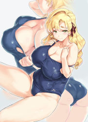 Rule 34 | 1girl, ass, blonde hair, blue one-piece swimsuit, blush, breasts, cleavage, closed mouth, collarbone, commentary request, covered erect nipples, green eyes, hair ribbon, hands on own chest, highres, kiyama satoshi, large breasts, long hair, looking at viewer, multiple views, one-piece swimsuit, original, plump, revision, ribbon, school swimsuit, sitting, strap slip, swimsuit, wavy hair