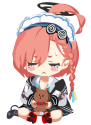 Rule 34 | 1girl, ahoge, blue archive, blush stickers, braid, chibi, closed eyes, closed mouth, controller, facing viewer, frown, game controller, halo, highres, holding, holding stuffed toy, jacket, maid headdress, miniskirt, mole, mole under eye, neru (blue archive), off shoulder, red footwear, red hair, shirt, shoes, simple background, skirt, sneakers, solo, stuffed animal, stuffed toy, sweatdrop, teddy bear, white background, white shirt, yanyo (ogino atsuki)