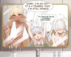 3girls :d ;o ahoge arm_behind_head armpits arms_up aurelia_(mockingeu) blonde_hair blush breasts cleavage collarbone commentary cosmetics damilola_(mockingeu) dark-skinned_female dark_skin divya_(mockingeu) english_commentary english_text facial_mark faucet gradient_hair green_hair hair_between_eyes hair_over_eyes hand_on_own_hip highres holding holding_lipstick_tube large_breasts lipstick_tube long_hair mirror mockingeu multicolored_hair multiple_girls nude one_eye_closed open_mouth original pointy_ears reflection smile speech_bubble thought_bubble toothbrush towel towel_around_neck very_long_hair white_hair yellow_eyes