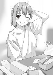 Rule 34 | 1girl, blurry, blurry background, blush, box, chopsticks, depth of field, doushimasho, greyscale, highres, indoors, long sleeves, messy, messy hair, monochrome, open box, original, shirt, short hair, sitting, solo, table, tongue, tongue out, unkempt