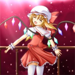 Rule 34 | 1girl, fang, flandre scarlet, hat, hat ribbon, looking back, mumei (pokolv), ribbon, side ponytail, smile, solo, thighhighs, touhou, white thighhighs, wings