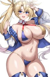 Rule 34 | 1girl, absurdres, arm up, bare shoulders, bikini, blonde hair, blue bikini, blue eyes, blue jacket, blush, boots, bradamante (fate), braid, breasts, cleavage, collarbone, commentary, crown braid, fang, fate/grand order, fate (series), gold bikini, gold trim, halterneck, hand up, highres, jacket, jasony, large breasts, long hair, long sleeves, looking at viewer, multicolored bikini, multicolored clothes, navel, off shoulder, open clothes, open jacket, open mouth, paid reward available, parted bangs, simple background, skin fang, smile, solo, sweat, swimsuit, thick thighs, thigh boots, thighs, twintails, two-tone bikini, underboob, very long hair, white background, white jacket