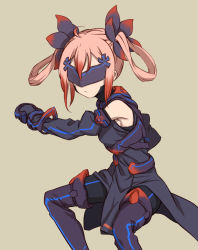 Rule 34 | 1girl, :/, alternate costume, bare shoulders, black gloves, character request, closed mouth, detached sleeves, fighting stance, gloves, gradient hair, green background, hair ribbon, long sleeves, mask, multicolored hair, pink hair, red hair, ribbon, shikou sakugo (qqap9gt9k), solo, squatting, thighhighs, yuusha de aru