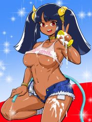Rule 34 | 1girl, :d, angra mainyu (samon-kun), areola slip, blue hair, bracelet, breasts, choker, clothes writing, covered erect nipples, cutoffs, dark-skinned female, dark skin, denim, denim shorts, hair ornament, hose, jewelry, large breasts, looking at viewer, navel, no bra, no panties, open clothes, open fly, open mouth, open shorts, red eyes, round teeth, samon-kun wa summoner, short shorts, shorts, smile, snake hair ornament, soap bubbles, solo, sparkle, sponge, sweat, tank top, teeth, tenseiani, twintails, underboob, v
