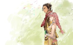 Rule 34 | 1boy, 1girl, antlers, bandeau, bangle, blue eyes, bracelet, braid, braided ponytail, breasts, brown hair, claude von riegan, cleavage, closed mouth, commentary, couple, cowboy shot, earrings, english commentary, fake antlers, fire emblem, fire emblem: three houses, green background, hair ornament, hair slicked back, hetero, highres, hilda valentine goneril, horns, jewelry, light smile, lips, long hair, medium breasts, neck ring, necklace, nintendo, pink eyes, pink hair, profile, red scarf, scarf, shirt, short hair, side braid, sideburns, simple background, skirt, sleeveless, smile, tiara, white background, yellow skirt, yourfreakyneighbourh