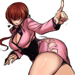 Rule 34 | 1girl, ass, bakuya, breasts, brown hair, cleavage, cleavage cutout, clothing cutout, dress, hair over eyes, heart, highres, huge ass, large breasts, lips, miniskirt, ponytail, shermie (kof), sketch, skirt, snk, solo, the king of fighters, thighs, white background