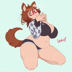 Rule 34 | 1girl, amai umimaru (artist), animal ear fluff, animal ears, belly, black bra, bra, breasts, brown hair, brown tail, cleavage, closed mouth, full body, glasses, green background, green eyes, green nails, hair between eyes, indie virtual youtuber, large breasts, long sleeves, looking at viewer, medium hair, mint castella, nail polish, navel, plump, red-framed eyewear, semi-rimless eyewear, shorts, simple background, solo, steepled fingers, tail, thick thighs, thighs, underwear, virtual youtuber