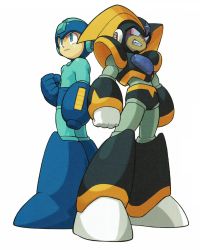 Rule 34 | 2boys, angry, arm cannon, back-to-back, capcom, bass (mega man), frown, full body, helmet, highres, mega man &amp; bass, mega man (classic), mega man (series), multiple boys, official art, mega man (character), weapon