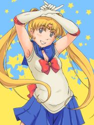 Rule 34 | 1990s (style), 1girl, armpit hair, armpits, bishoujo senshi sailor moon, blonde hair, blue eyes, blue sailor collar, blue skirt, bow, breasts, circlet, crescent, earrings, elbow gloves, elk115, face, gloves, grin, jewelry, long hair, looking at viewer, medium breasts, plump, red bow, retro artstyle, sailor collar, sailor moon, skirt, small breasts, smile, solo, star (symbol), tsukino usagi, twintails, white gloves