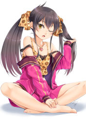 Rule 34 | 1girl, ;o, bare legs, bare shoulders, barefoot, black hair, blush, breasts, camisole, cleavage, collarbone, eyelashes, feet, glint, gradient hair, hair ribbon, hand in own hair, heart, heart necklace, idolmaster, idolmaster cinderella girls, indian style, jacket, jaguar print, jewelry, long hair, long sleeves, looking at viewer, matoba risa, miri (ago550421), multicolored hair, nail polish, necklace, one eye closed, open clothes, open jacket, open mouth, pink skirt, red hair, ribbon, sidelocks, signature, simple background, single vertical stripe, sitting, skirt, small breasts, solo, spread legs, strap slip, toenail polish, toenails, track jacket, tsurime, white background, yellow eyes, yellow ribbon