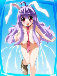 Rule 34 | 1girl, animal ears, between breasts, breasts, censored, convenient censoring, female focus, hair ornament, huge breasts, huge nipples, lactation, large areolae, long hair, necktie, nipples, nude, open mouth, puffy nipples, purple hair, pussy, rabbit ears, red eyes, reisen udongein inaba, semahiro, shoes, solo, touhou, walking