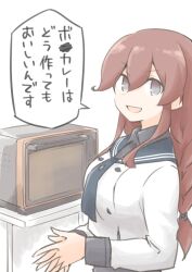 Rule 34 | 1girl, akara kai, black necktie, black sailor collar, braid, brown hair, commentary request, grey eyes, highres, kantai collection, long sleeves, looking at viewer, microwave, necktie, noshiro (kancolle), noshiro kai ni (kancolle), own hands clasped, own hands together, sailor collar, school uniform, serafuku, shirt, simple background, smile, solo, swept bangs, translation request, twin braids, upper body, white background, white shirt