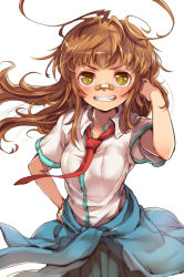 Rule 34 | 10s, 1girl, :d, ahoge, arm up, bandaid, bandaid on face, bandaid on nose, blush, brown hair, clothes around waist, contrapposto, cowboy shot, dress shirt, grin, hand in own hair, jacket, kantai collection, kuma (kancolle), long hair, mataichi mataro, open mouth, personification, school uniform, shirt, short sleeves, simple background, smile, solo, standing, teeth, track jacket, white background, white shirt