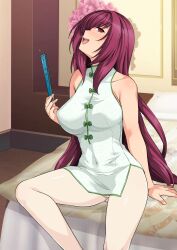 Rule 34 | 1girl, alternate costume, breasts, china dress, chinese clothes, commentary request, dress, fate/grand order, fate (series), folding fan, hand fan, haruhisky, highres, holding, holding fan, indoors, large breasts, long hair, looking at viewer, on bed, purple hair, red eyes, scathach (fate), sitting, sleeveless, sleeveless dress, solo, white dress