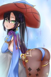 Rule 34 | 1girl, :o, asanagi (style), ass, bent over, black pantyhose, blush, cape, earrings, genshin impact, green eyes, hair ribbon, half-closed eyes, highres, jewelry, leotard, looking at viewer, mona (genshin impact), open mouth, pantyhose, purple hair, ribbon, sirachi, solo, star (symbol), star earrings, twintails