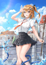 Rule 34 | 1girl, :d, arm up, black skirt, breasts, collared shirt, day, empty pool, hair ornament, hairclip, highres, holding, hose, lkeris, looking at viewer, medium breasts, miniskirt, necktie, one side up, open mouth, orange hair, original, outdoors, pleated skirt, pool, rainbow, red eyes, shirt, shirt tucked in, short hair, short sleeves, skirt, smile, solo, standing, thighs, wet, white shirt