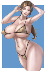 Rule 34 | 1girl, abs, armpits, arms up, ass, bikini, blue eyes, breasts, brown hair, cleavage, earrings, covered erect nipples, eyeliner, eyeshadow, female focus, highres, huge breasts, jewelry, lips, lipstick, looking at viewer, makeup, navel, ocean, okai, simple background, smile, solo, string bikini, swimsuit, thick thighs, thighs