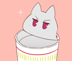 Rule 34 | animal ears, blush, cup, disposable cup, fox ears, highres, kemomimi-chan (naga u), looking at viewer, naga u, nissin cup noodle, objectification, original, pink background, red eyes, simple background, sparkle, v-shaped eyebrows