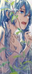 Rule 34 | 1girl, akizakura mns, bare shoulders, blue eyes, blue hair, blue necktie, blurry, blurry foreground, branch, close-up, commentary, flower, from side, grey shirt, hand on own chest, hands up, hatsune miku, highres, long hair, looking away, necktie, open mouth, rain, shirt, sidelighting, sleeveless, sleeveless shirt, solo, twintails, upper body, vocaloid, water drop, wet, white flower