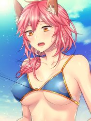 Rule 34 | 10s, 1girl, :o, alternate hairstyle, animal ears, aoi chimaki, bare shoulders, bikini, blue bikini, blue sky, blush, breasts, cleavage, cloud, collarbone, day, fate/extra, fate/extra ccc, fate/grand order, fate (series), fishing hook, fishing line, fox ears, hair between eyes, hair over shoulder, large breasts, lens flare, looking down, open mouth, pink hair, ponytail, short hair, sky, solo, sweat, sweatdrop, swimsuit, tamamo (fate), tamamo no mae (fate/extra), tamamo no mae (swimsuit lancer) (fate), underboob, upper body, yellow eyes
