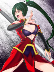 Rule 34 | 1girl, arc system works, black bra, black hair, blazblue, blazblue: calamity trigger, bra, breasts, china dress, chinese clothes, cleavage, dress, female focus, glasses, lao jiu, large breasts, lingerie, litchi faye ling, long hair, open mouth, ponytail, red eyes, solo, staff, underwear, yahara