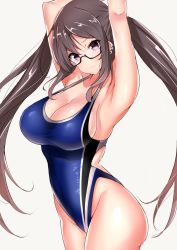 Rule 34 | 1girl, akuta hinako, armpits, arms behind head, arms up, bare shoulders, black-framed eyewear, blue one-piece swimsuit, blush, breasts, brown hair, cleavage, closed mouth, collarbone, commentary request, competition swimsuit, covered navel, earrings, fate/grand order, fate (series), glasses, highleg, highleg swimsuit, highres, hip focus, jewelry, large breasts, long hair, looking at viewer, one-piece swimsuit, sankakusui, sidelocks, simple background, solo, swimsuit, twintails, very long hair, white background