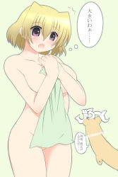 Rule 34 | 00s, 1girl, :o, blonde hair, blush, collarbone, cowboy shot, green background, hands on own chest, kurappii, lyrical nanoha, mahou shoujo lyrical nanoha, mahou shoujo lyrical nanoha a&#039;s, nude, open mouth, shamal, simple background, solo, standing, surprised, thinking, thought bubble