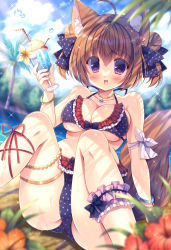 Rule 34 | 1girl, absurdres, animal ears, bikini, blue sky, breasts, brown hair, bubble, cherry, cup, day, drink, drinking glass, drinking straw, flower, food, fox ears, fox girl, fox tail, frills, fruit, hair ornament, hairpin, highres, holding, holding cup, jewelry, kouta., large breasts, looking at viewer, necklace, original, panties, polka dot, polka dot bikini, purple eyes, sky, smile, solo, summer, swimsuit, tail, underwear