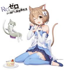 Rule 34 | 10s, 1boy, :3, :d, animal ears, ankle ribbon, bare shoulders, blue bow, blue dress, blue footwear, blue legwear, blue neckwear, blue ribbon, bob cut, bolo tie, bow, brown eyes, brown hair, cake, cake slice, cat boy, cat ears, cat tail, choker, clenched hands, collarbone, commentary, copyright name, creature, cross-laced clothes, detached sleeves, dress, dress bow, eyebrows, eyes visible through hair, fang, felix argyle, food, fork, frilled dress, frilled legwear, frills, fruit, full body, hair between eyes, hair bow, hair ribbon, hands up, head tilt, highres, holding, holding fork, jewelry, lace, lace-trimmed dress, lace-trimmed sleeves, lace trim, large bow, layered dress, leg ribbon, looking at viewer, male focus, no legwear, one eye closed, open mouth, parted bangs, paw pose, pendant, plate, pleated dress, puck (re:zero), raised eyebrows, re:zero kara hajimeru isekai seikatsu, reshia (07ikaros08), ribbon, shoes, short dress, short eyebrows, short hair, simple background, sitting, smile, spaghetti strap, strawberry, strawberry shortcake, striped clothes, striped dress, striped legwear, striped ribbon, tail, thick eyebrows, thighhighs, toeless legwear, trap, twitter username, vertical-striped clothes, vertical-striped dress, vertical-striped legwear, wariza, white background, white bow, white dress