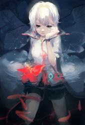 Rule 34 | 1girl, animal, bad id, bad pixiv id, black shorts, closed mouth, cuffs, eyelashes, fish, flower, hair ornament, hairclip, hand on own cheek, hand on own face, leaf, light particles, looking down, maccha (mochancc), partially submerged, popped collar, red flower, sad, shade, short hair, shorts, solo, tassel, vocaloid, vocanese, voice (vocaloid), water, wide sleeves, yanhe