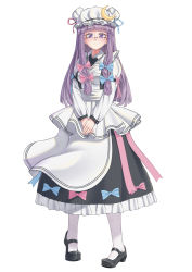 Rule 34 | 1girl, absurdres, apron, black dress, black footwear, blue bow, bow, collared dress, double bun, dress, hair bow, hair bun, hat, highres, littiecy, long sleeves, maid, mob cap, patchouli knowledge, pink bow, simple background, solo, touhou, white background, white hat, white legwear