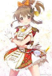 Rule 34 | 1girl, \||/, across the stars, belt, blush, breasts, brown eyes, brown hair, cowboy shot, crossed arms, dress, epaulettes, feather hair ornament, feathers, gloves, gold trim, hair ornament, hair ribbon, happy birthday, hori yuuko, idolmaster, idolmaster cinderella girls, idolmaster cinderella girls starlight stage, lace, looking at viewer, medium breasts, mizuki makoto, necktie, open mouth, orange ribbon, plaid, plaid dress, ponytail, ribbon, short sleeves, smile, solo, spread legs, standing, star (symbol), starry background, teeth, twitter username, v-shaped eyebrows, white gloves