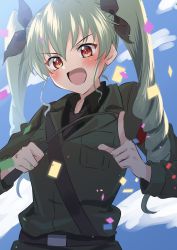 Rule 34 | 1girl, :d, absurdres, anchovy (girls und panzer), anzio military uniform, belt, black belt, black necktie, black ribbon, black shirt, blue sky, brown eyes, cloud, cloudy sky, commentary request, confetti, day, dress shirt, drill hair, girls und panzer, grey jacket, hair ribbon, highres, holding, jacket, kousuke (ko suke), long hair, long sleeves, looking at viewer, military, military uniform, necktie, open mouth, outdoors, ribbon, riding crop, sam browne belt, shirt, sky, smile, solo, twin drills, twintails, uniform, upper body, wing collar