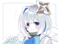 Rule 34 | 1girl, amane kanata, blue bow, blue bowtie, blue hair, blush, bob cut, bow, bowtie, close-up, colored inner hair, commentary request, halo, hololive, looking at viewer, multicolored hair, pink hair, purple eyes, sakino shingetsu, short hair, shuriken, silver hair, simple background, single hair intake, smile, solo, star halo, streaked hair, virtual youtuber, waving, weapon, white background, wings