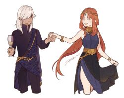 Rule 34 | 1boy, 1girl, alternate costume, closed eyes, closed mouth, cup, cyno (genshin impact), dark-skinned male, dark skin, dress, genshin impact, hair over one eye, holding, holding cup, holding hands, jewelry, long hair, nilou (genshin impact), open mouth, red hair, sakanomachico, signature, simple background, skirt hold, sleeveless, sleeveless turtleneck, turtleneck, very long hair, white background, white hair