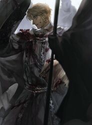 Rule 34 | 1boy, absurdres, aiguillette, alfred (bloodborne), black gloves, blonde hair, blood, blood on clothes, blood on face, bloodborne, bloody weapon, blue eyes, blurry, blurry foreground, cape, chinese commentary, commentary request, cowboy shot, depth of field, from side, gloves, grey cape, grey robe, hand up, highres, holding, holding shield, looking down, male focus, out of frame, profile, ramiica, robe, shield, short hair, sideburns, smile, solo focus, standing, weapon