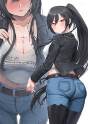 Rule 34 | 1girl, ass, belt, black footwear, black hair, black jacket, blouse, blush, boots, breasts, brown belt, cross, cross necklace, denim, earrings, gluteal fold, hair between eyes, high ponytail, highres, idolmaster, idolmaster shiny colors, jacket, jeans, jewelry, large breasts, midriff, navel, necklace, open mouth, pants, pants tucked in, ponytail, shirase sakuya, shirt, shougun (chuckni1), solo, sweat, thigh boots, thighhighs, white background, white shirt, yellow eyes