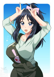 Rule 34 | 1girl, :d, alternate hairstyle, arms up, artist logo, black eyes, black hair, black overalls, blue eyes, bow, casual, commentary, emblem, freckles, girls und panzer, green shirt, hair bow, hair up, highres, horns pose, ichijou takakiyo, long hair, long sleeves, looking at viewer, official alternate costume, open mouth, overalls, ponytail, purple bow, rabbit, shirt, smile, solo, strap pull, translated, upper body, yamagou ayumi