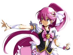 Rule 34 | 1girl, aino megumi, arm warmers, black vest, brooch, cure lovely, earrings, hair between eyes, hair ornament, happinesscharge precure!, heart, heart brooch, heart hair ornament, highres, jewelry, kurose kousuke, looking to the side, magical girl, pink eyes, pink hair, pink skirt, ponytail, precure, puffy short sleeves, puffy sleeves, short sleeves, skirt, smile, solo, vest, wide ponytail